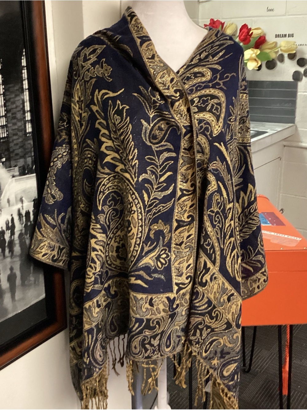 Luxurious Navy & Gold Paisley Wrap Coat - Women